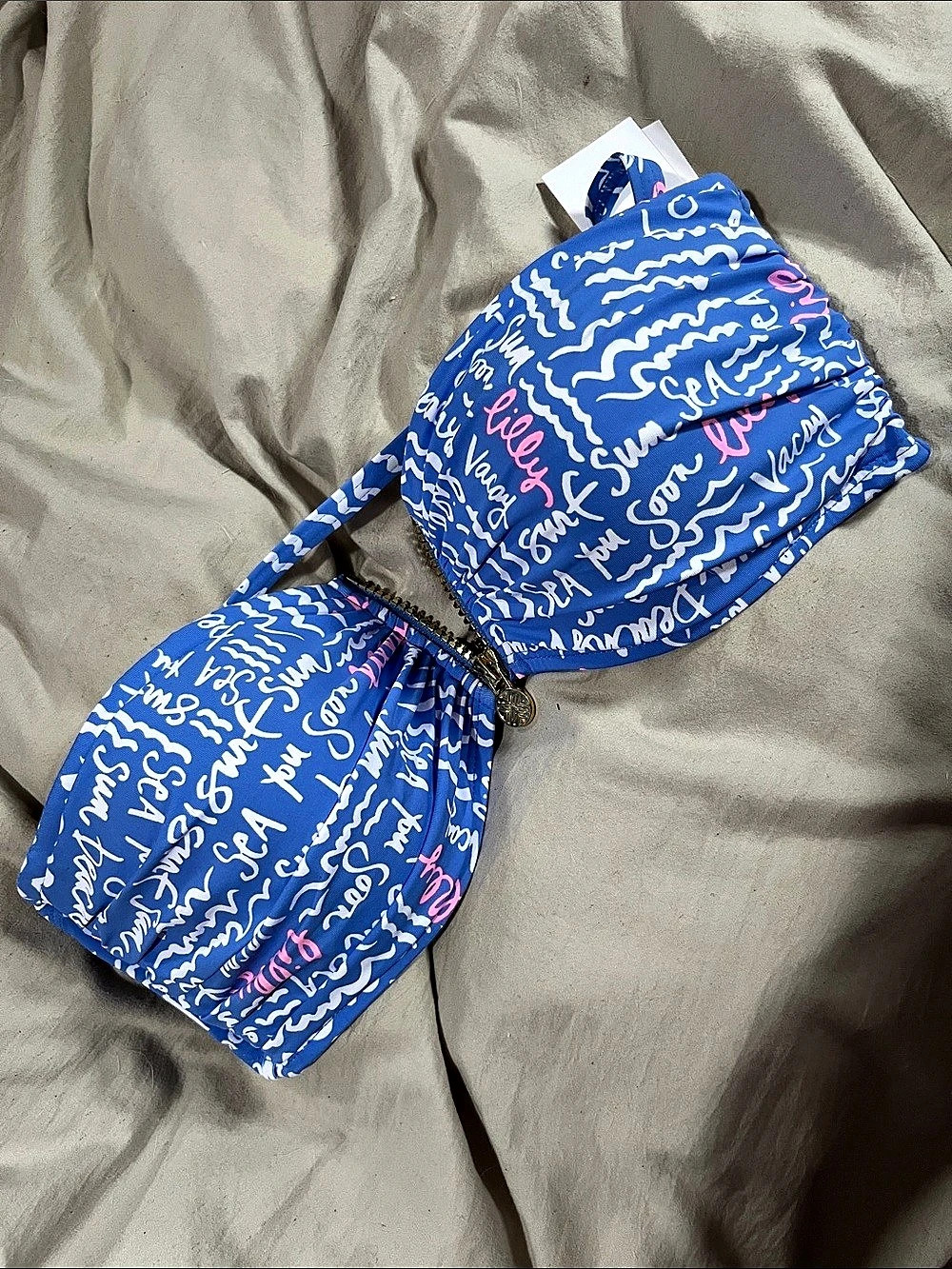 Lilly Pulitzer Genya Bandeau Top Printed Zip Front Bikini Set Blue & White Size